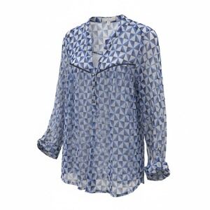 Juniper + Lime XL Blue Geometric Print Boho Blouse Roll Tab Sleeve Top